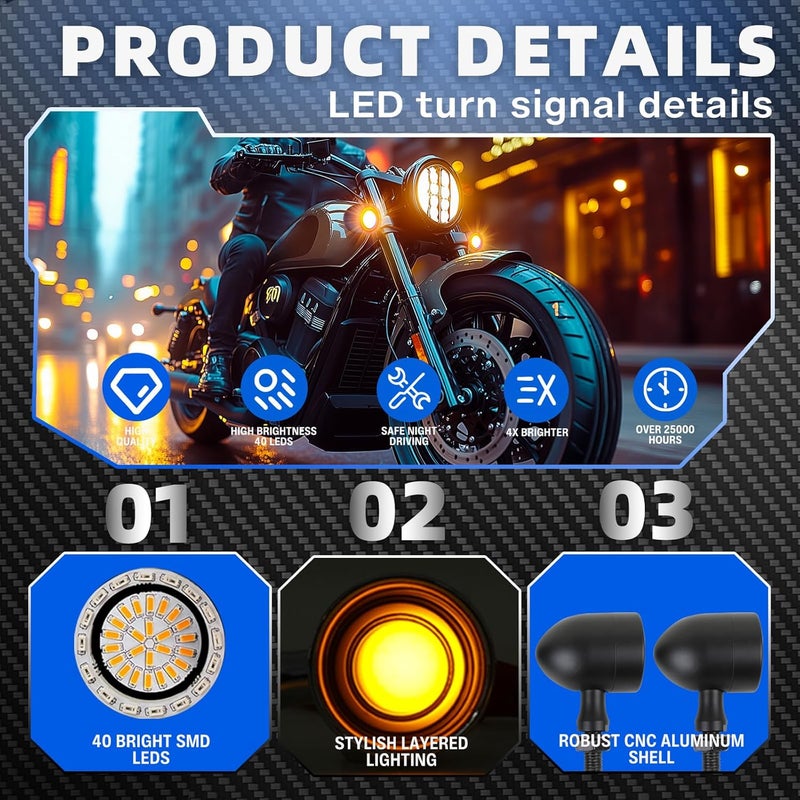 DREAMIZER 2pcs Motorcycle Blinker Universal LED Motorcycle Turn Signals w/Running Light Compatible with Harley Bobber Cafe Racer Cruiser Chopper Honda Yamaha Suzuki Kawasaki (Black-Amber White Lens) - Image 4